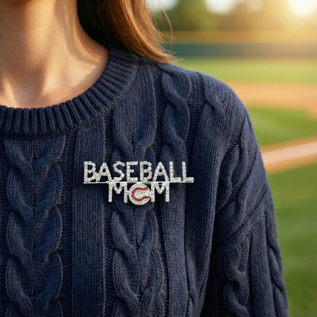 Navy blue sweater with 'BASEBALL MOM' text on a blurred baseball field background