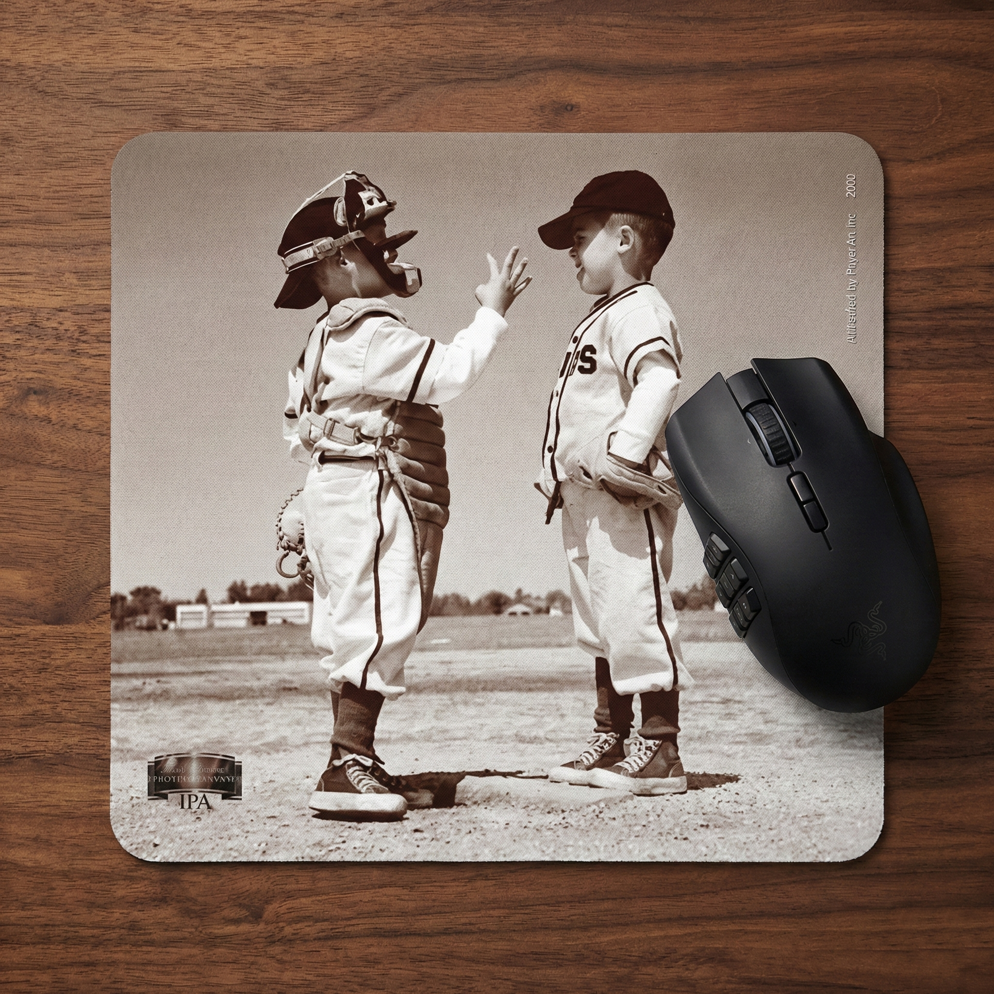 Baseball buddies mouse pad with vintage-style illustration of two children playing baseball on a wooden surface.