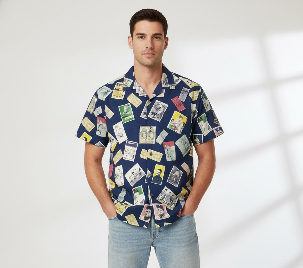 Man wearing a colorful patterned shirt with a neutral background