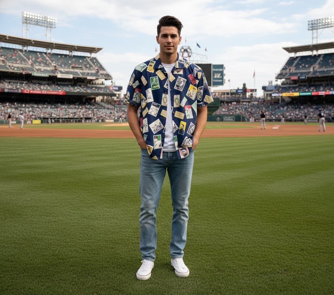 Man standing on a baseball field wearing a patterned shirt and jeans.