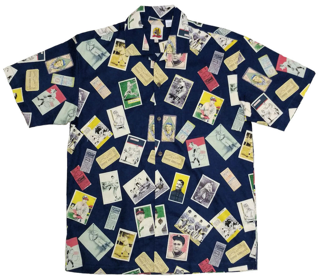Navy blue shirt with vintage card print on a white background