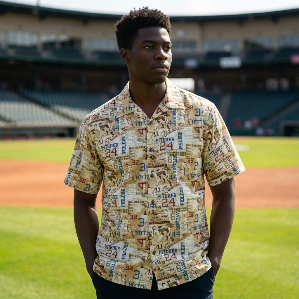 Person wearing a patterned shirt on a baseball field