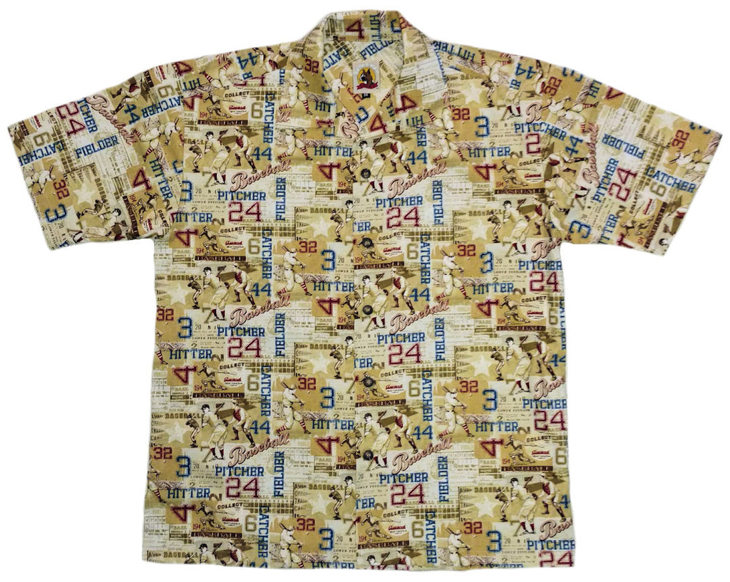 Baseball-themed shirt with numbers and player positions on a beige background