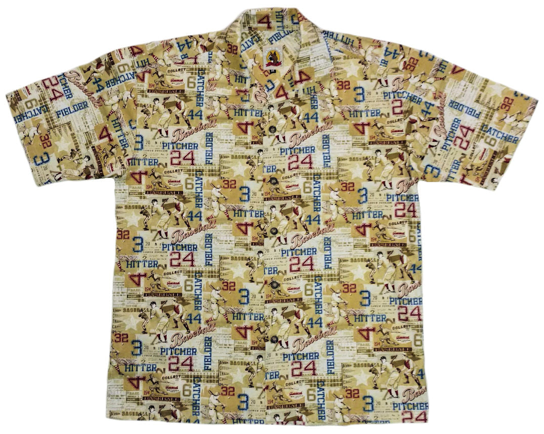 Baseball-themed shirt with numbers and player positions on a beige background