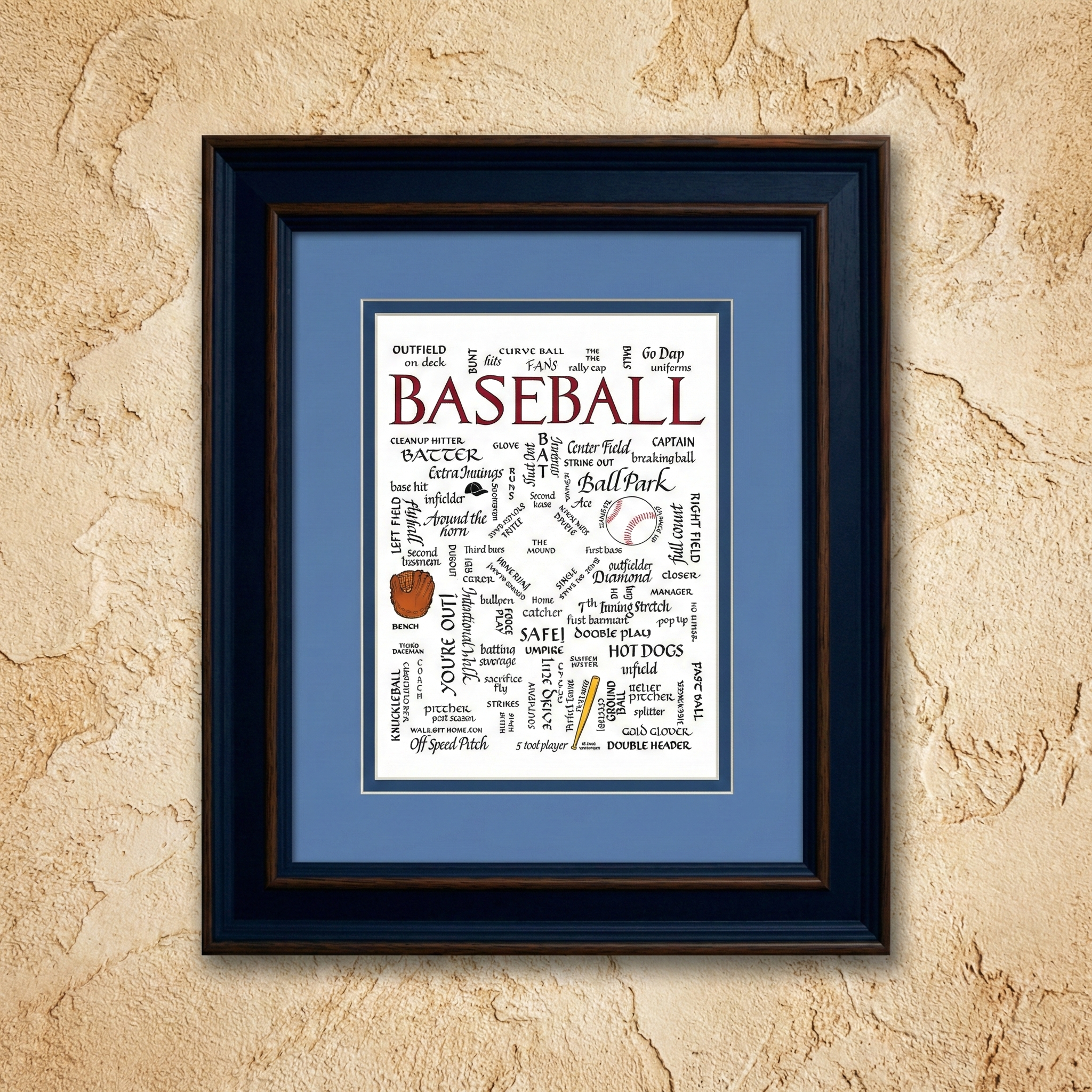 Baseball Calligraphy framed artwork with baseball-themed word cloud on a blue background, mounted on a textured beige wall.
