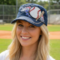 Woman wearing a decorative baseball cap on a sports field