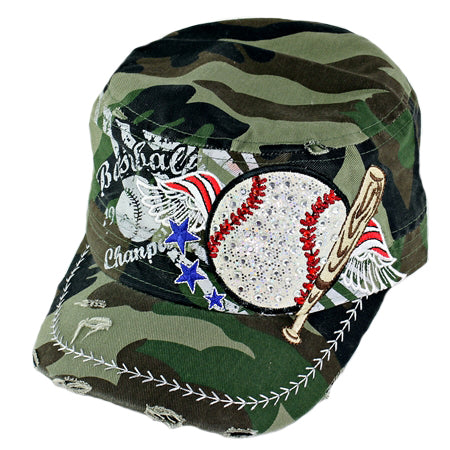 Camouflage bucket hat with baseball-themed designs on a white background