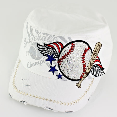 Baseball-themed white hat with American flag design on a light gray background