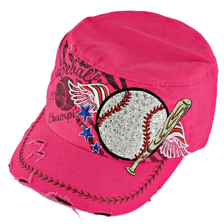 Pink cap with baseball design and text on a white background