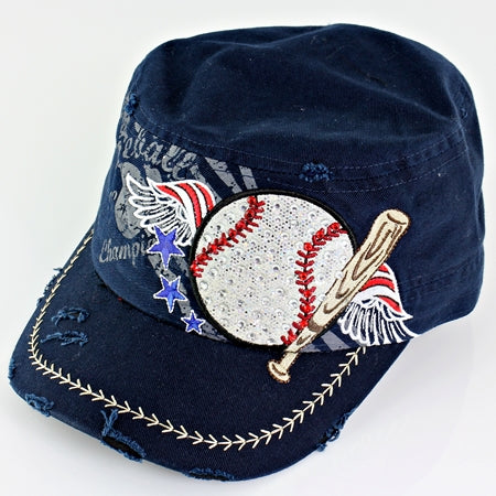 Navy blue cap with a baseball and bat design on a white background