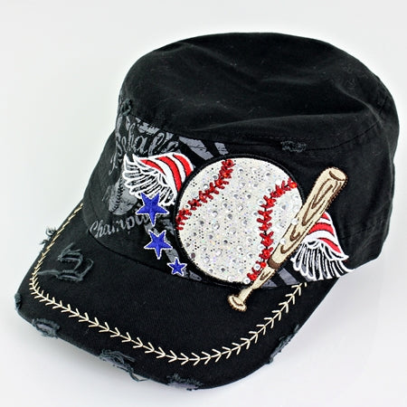 Black cap with baseball and bat design on a white background