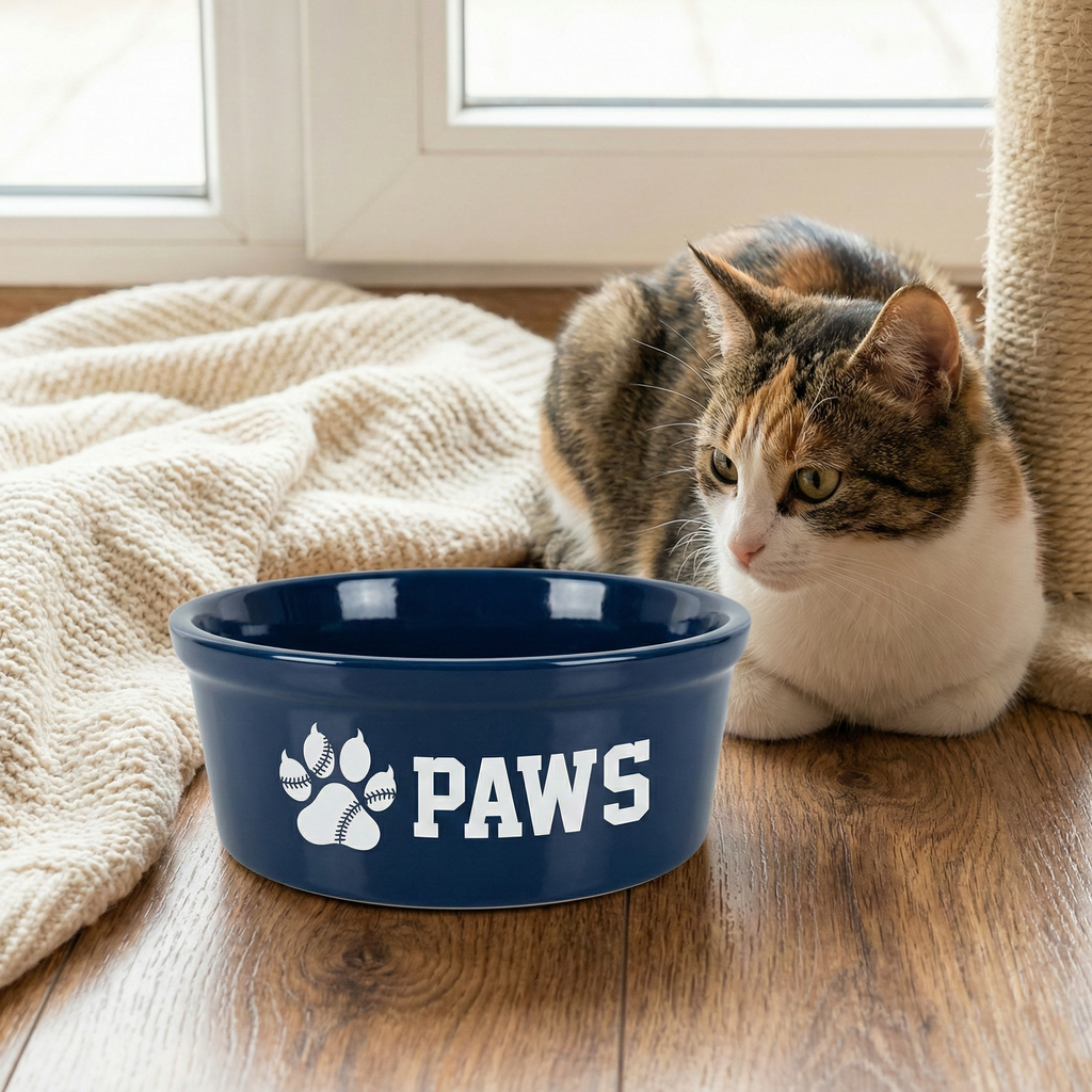 Cat sitting next to a blue ceramic baseball cat bowl / pet feeder with 'PAWS' on it on a wooden floor.