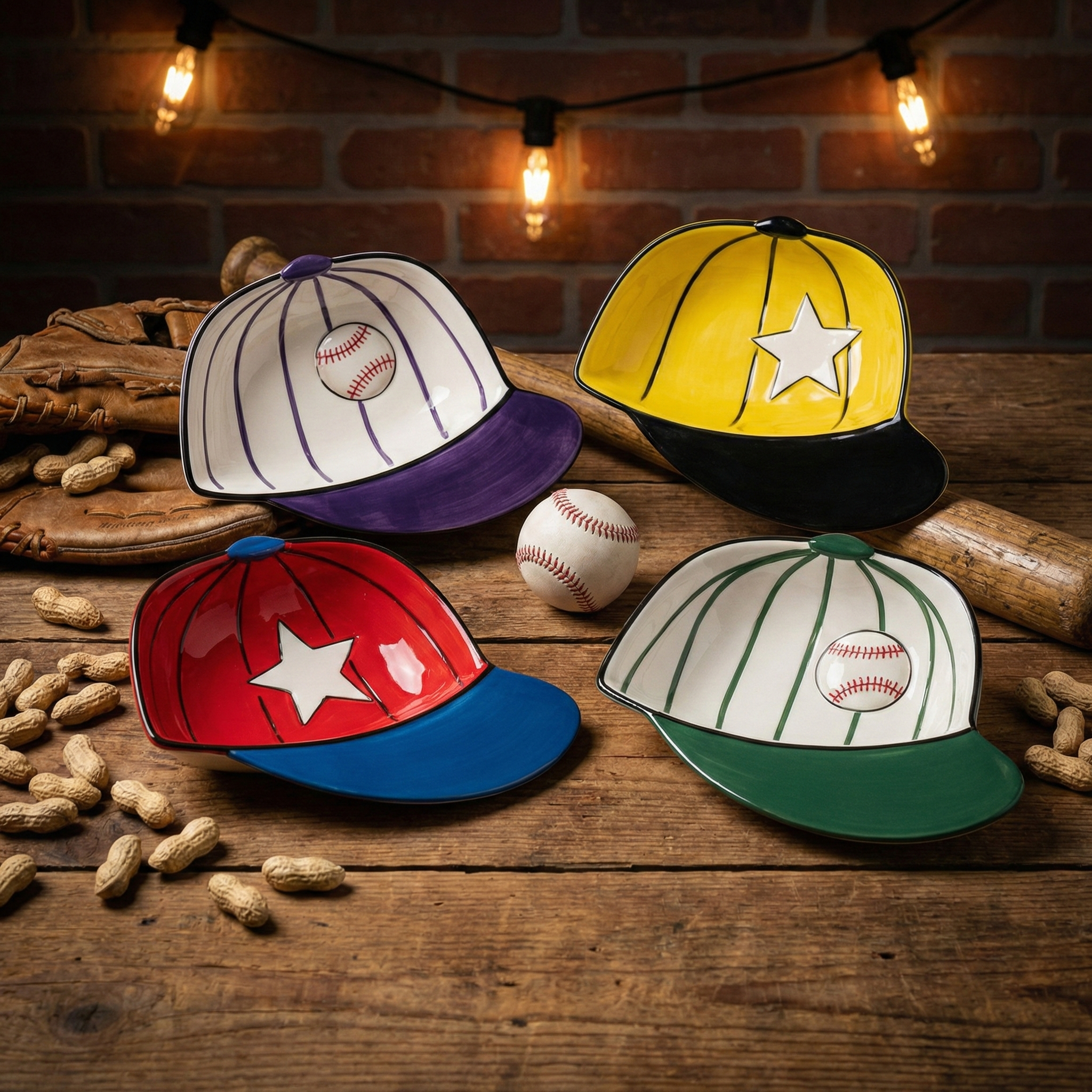 Set of Four Ceramic Baseball Cap Dip Bowls on a table with bat, glove, and peanuts.