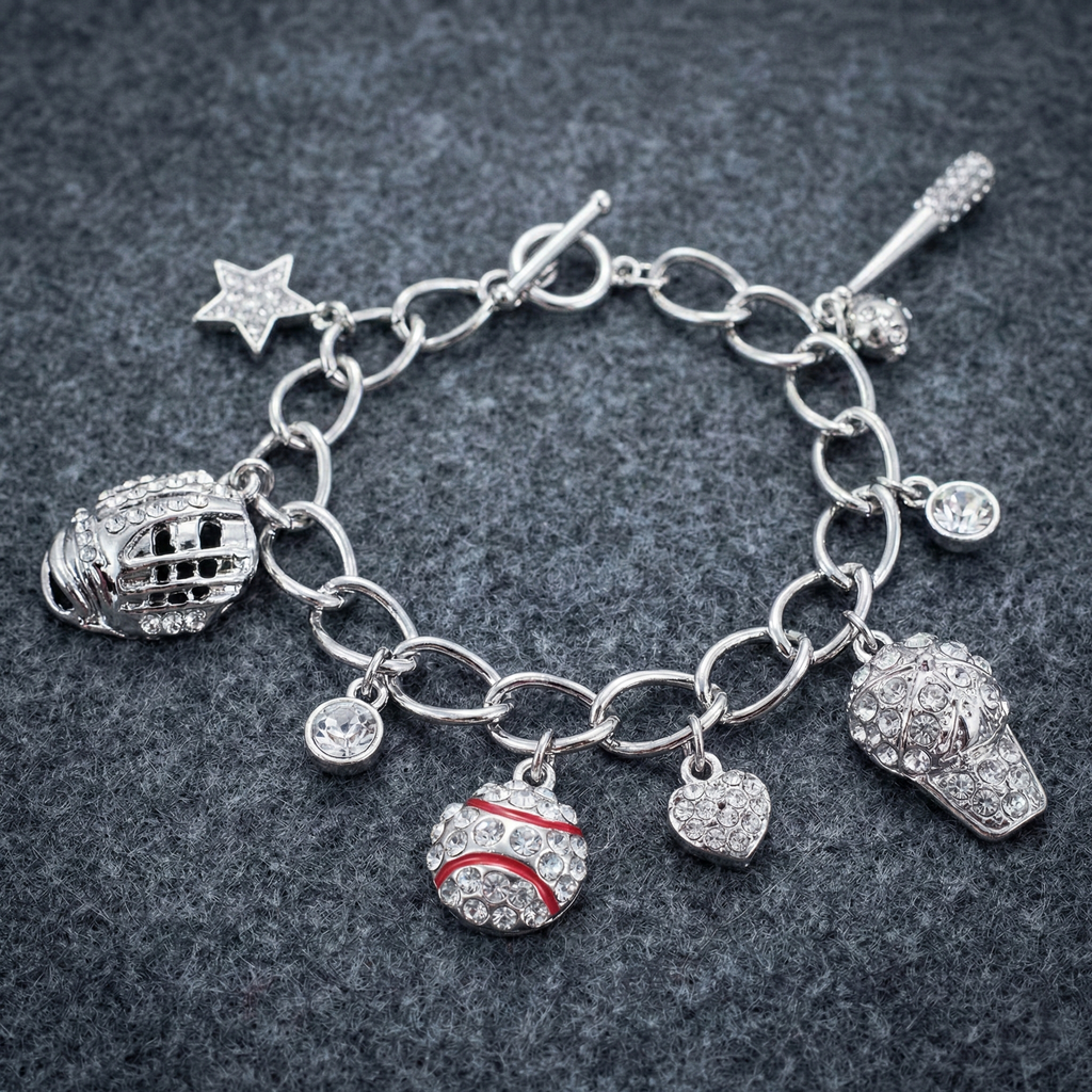 Baseball Charm Toggle Link Bracelet on a dark, fuzzy background