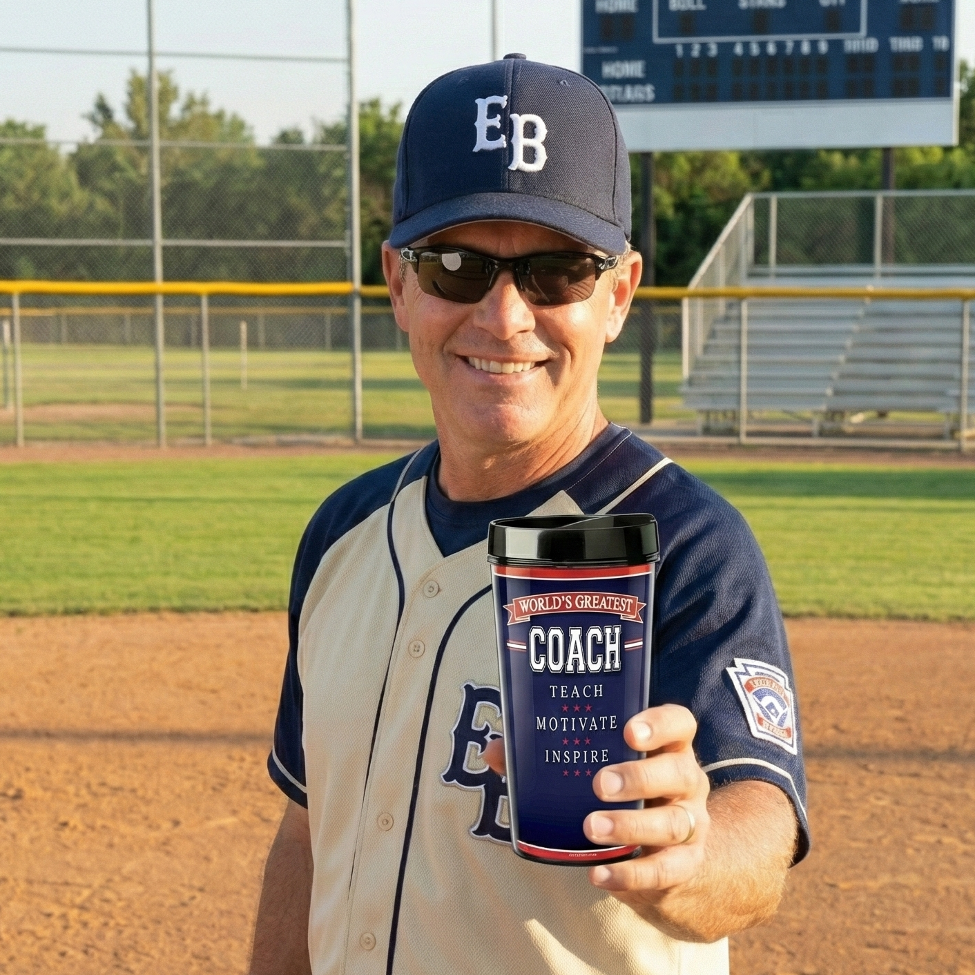 Man in baseball uniform holding a coach travel mug with motivational text on a baseball field