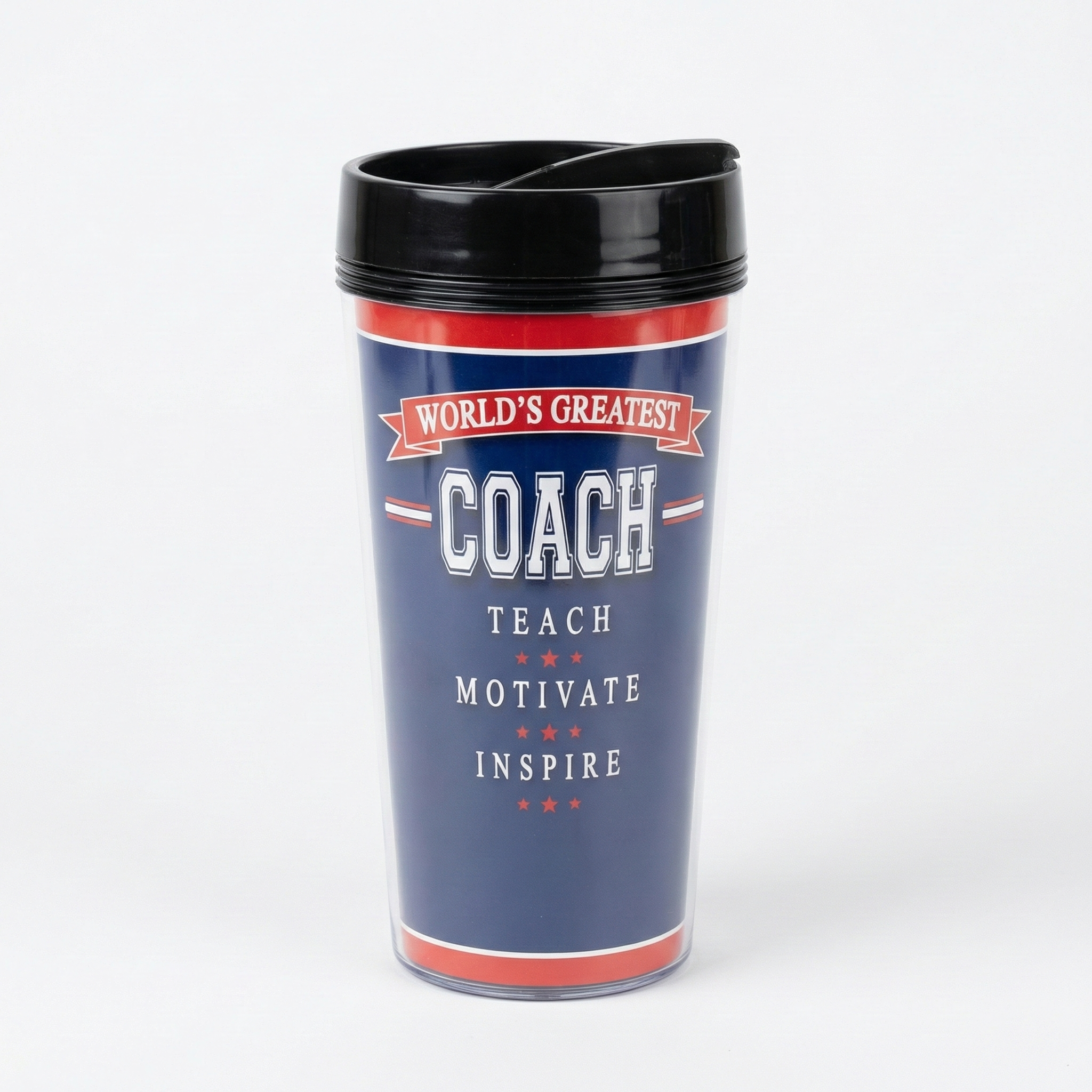 Travel mug with 'World's Greatest Coach' text on a white background