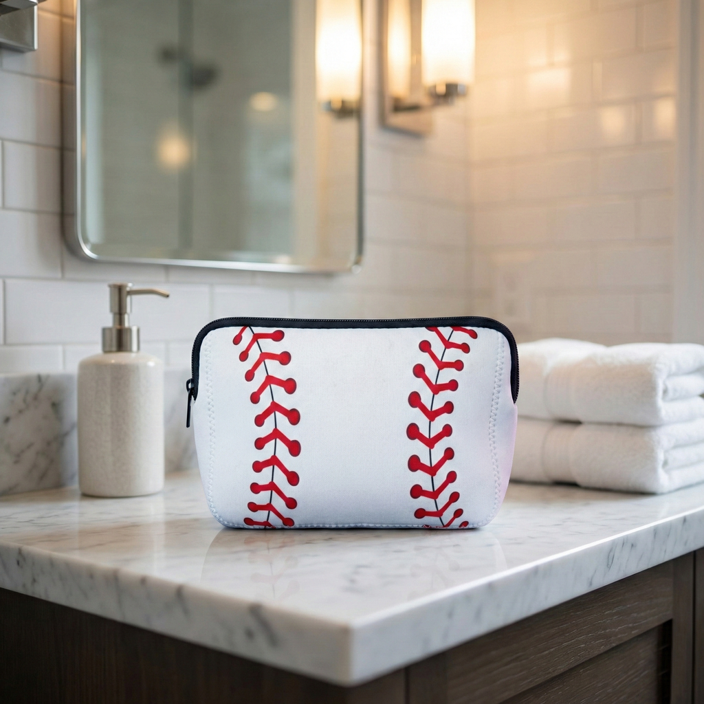 Baseball Laces Cosmetic Bag in a nice bathroom setting.