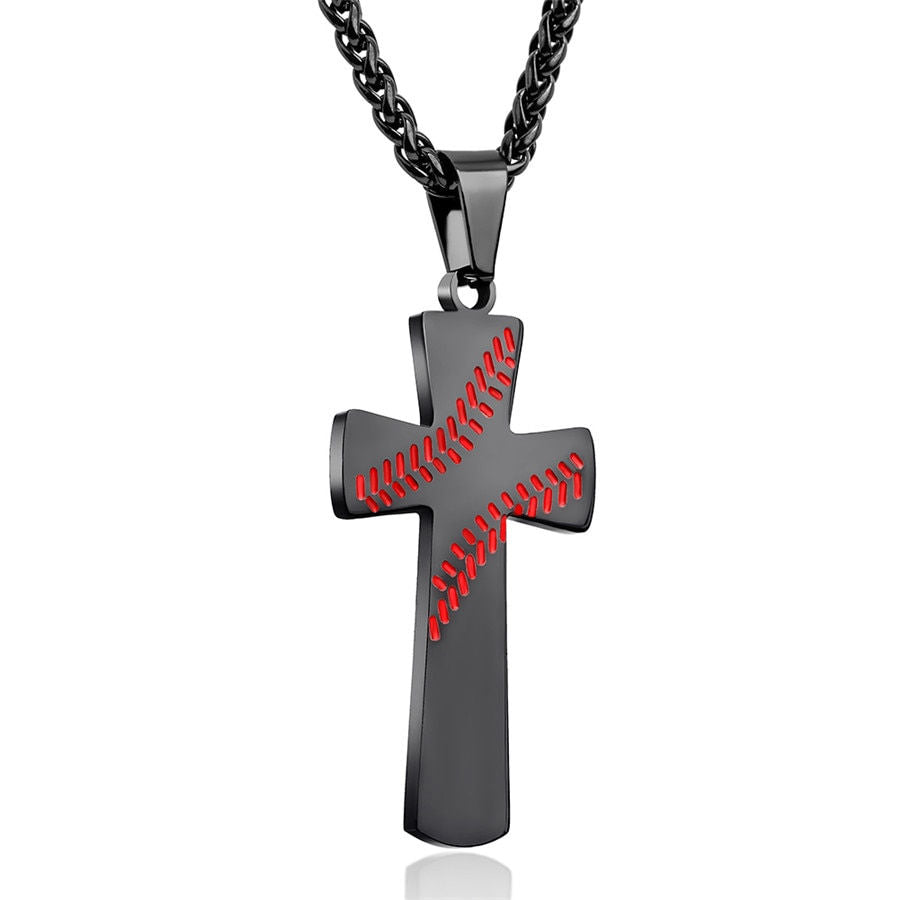 Black cross pendant with red stitching detail on black necklace on a white background