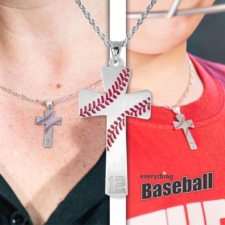 Necklace with cross pendant featuring baseball design worn by a person, with 'everything Baseball' logo in the background.
