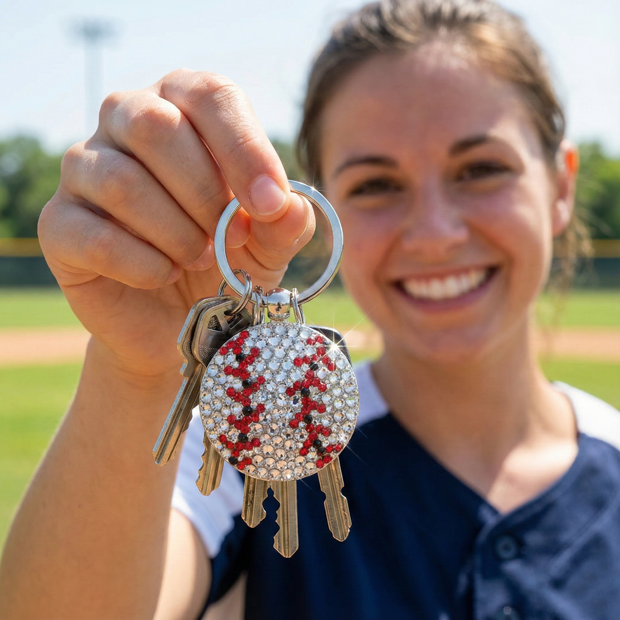 Person holding a Swarovski crystal keychain with a baseball design on a sports field