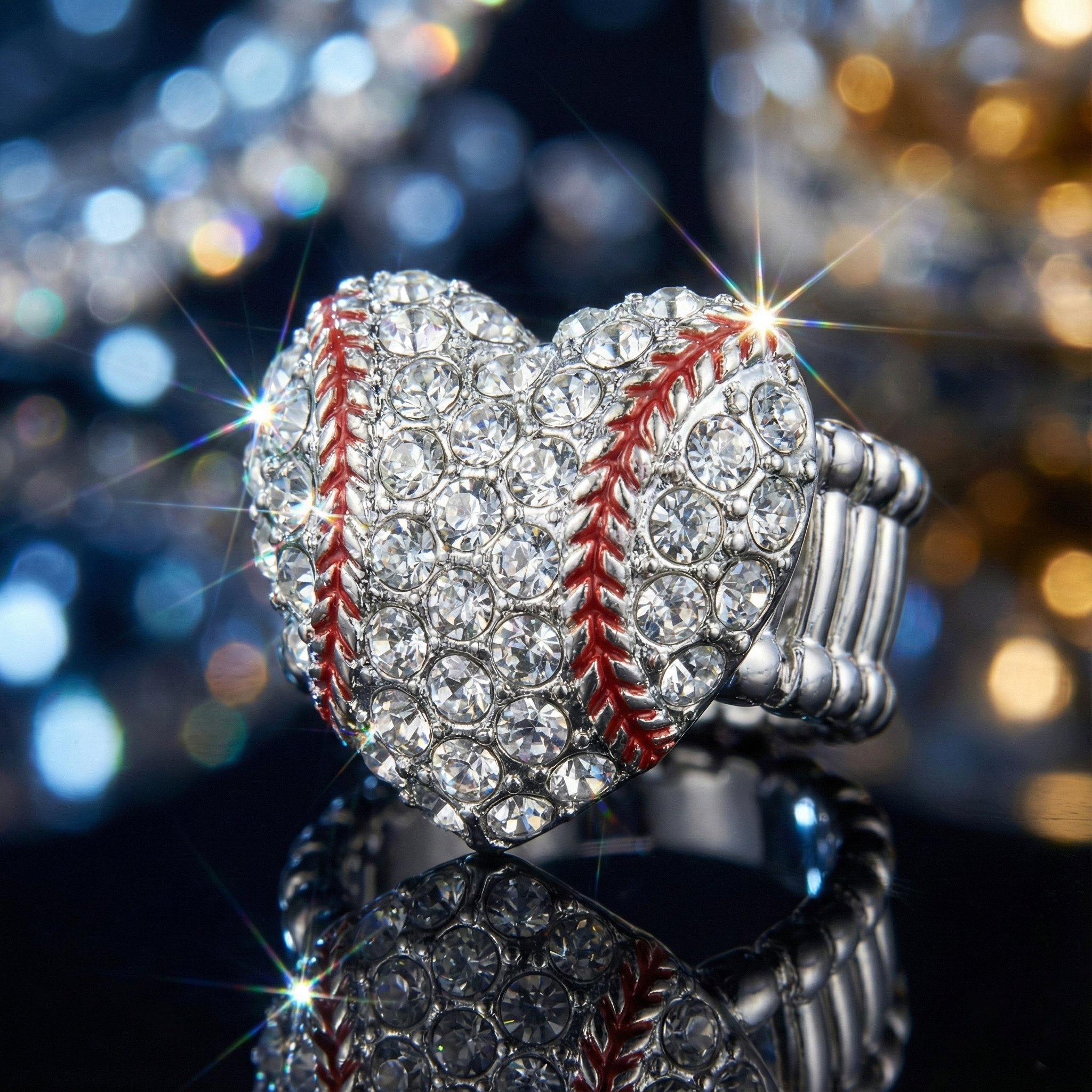 Heart-shaped crystal baseball ring with sparkling stones and red stitching detail on a blurred lights background