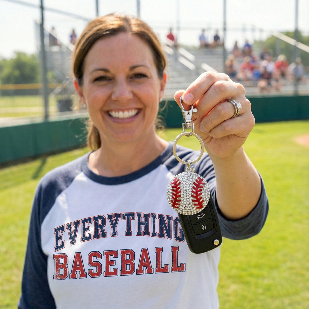 large crystal baseball key chain held by a baseball mom on the field wearing an everything baseball shirt