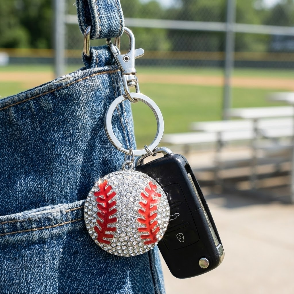 large crystal baseball key chain with clip attached to a denim purse at the baseball field.