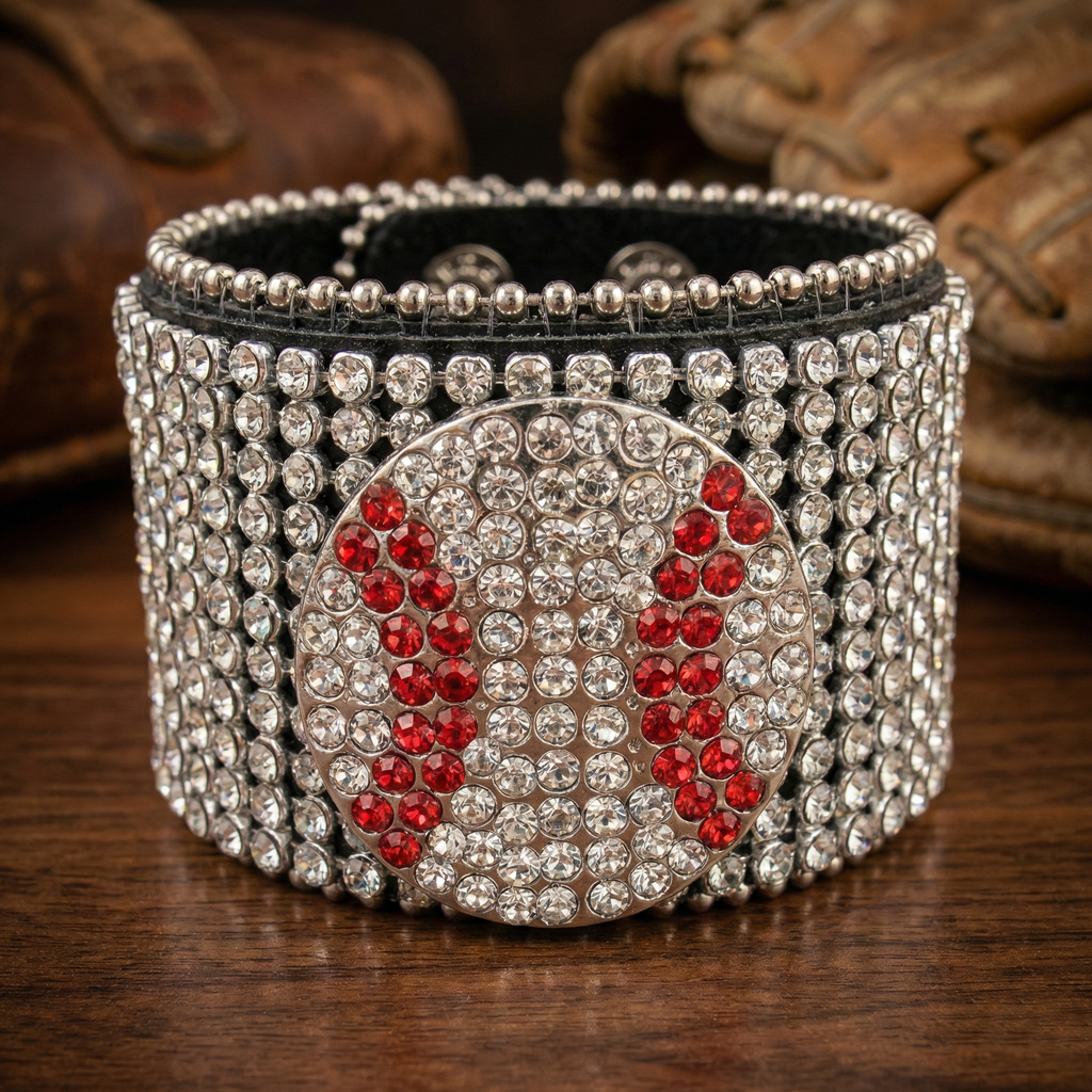 Baseball Crystal Cuff Bracelet bling on table near baseball gear. 