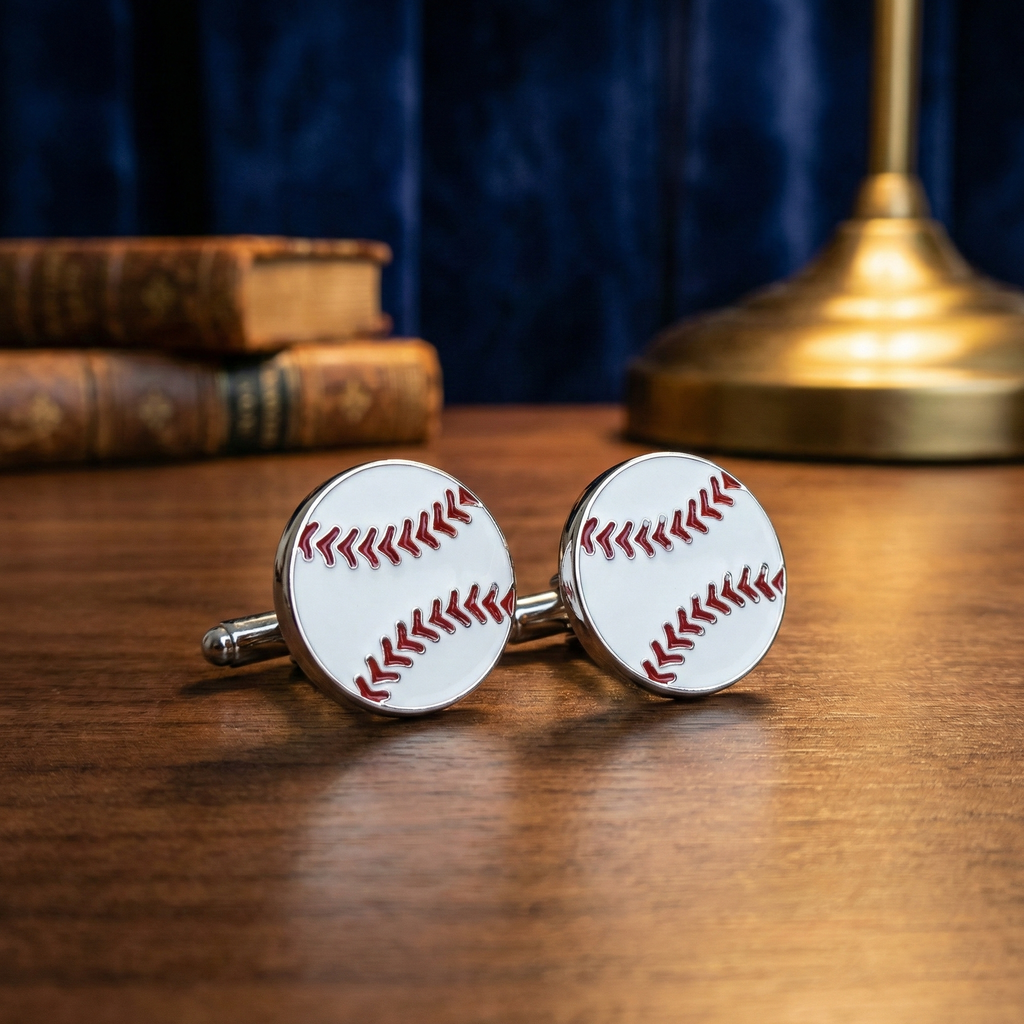White Baseball Silver Cufflinks on wooden surface