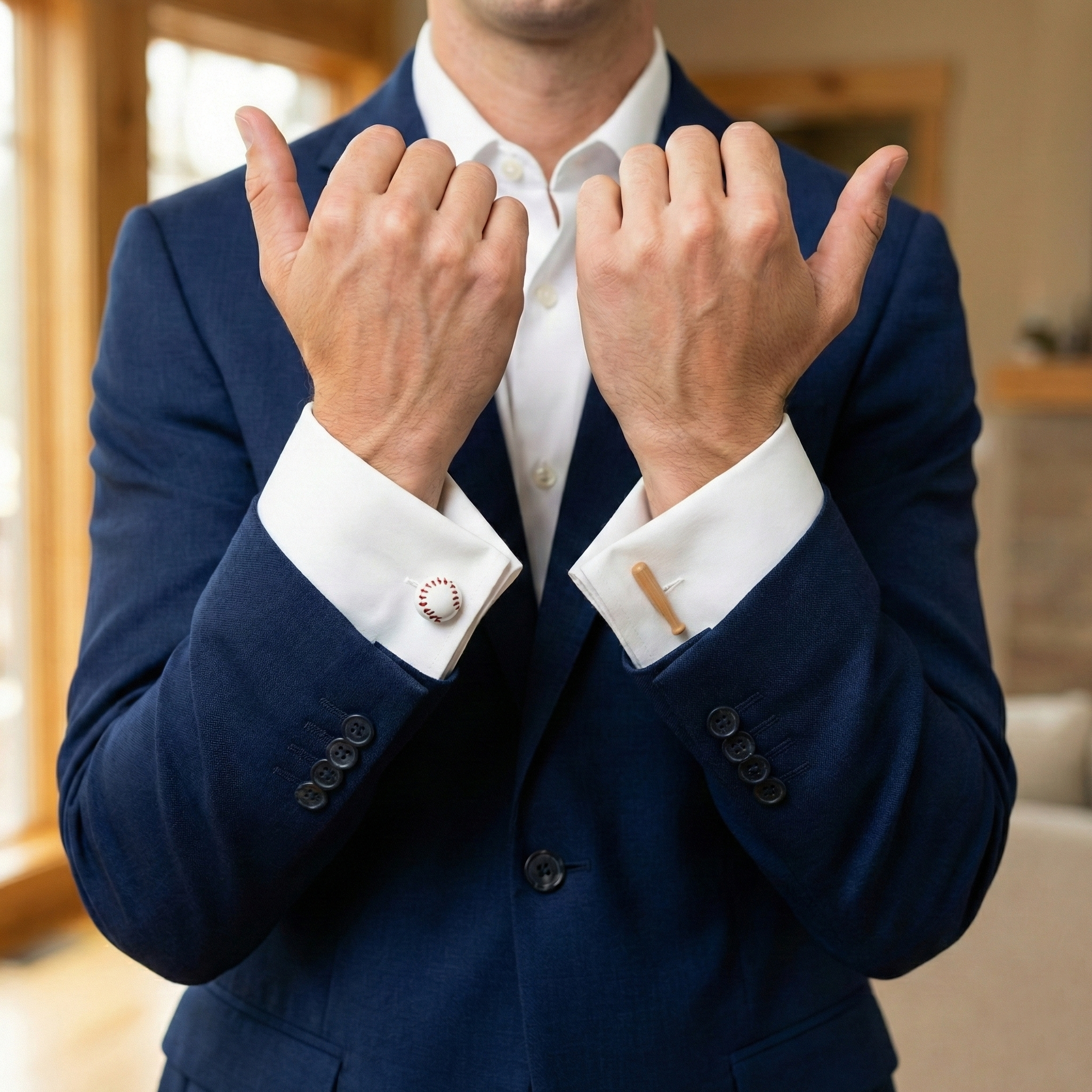 Baseball & Bat Cufflinks on a guy in a suit. 