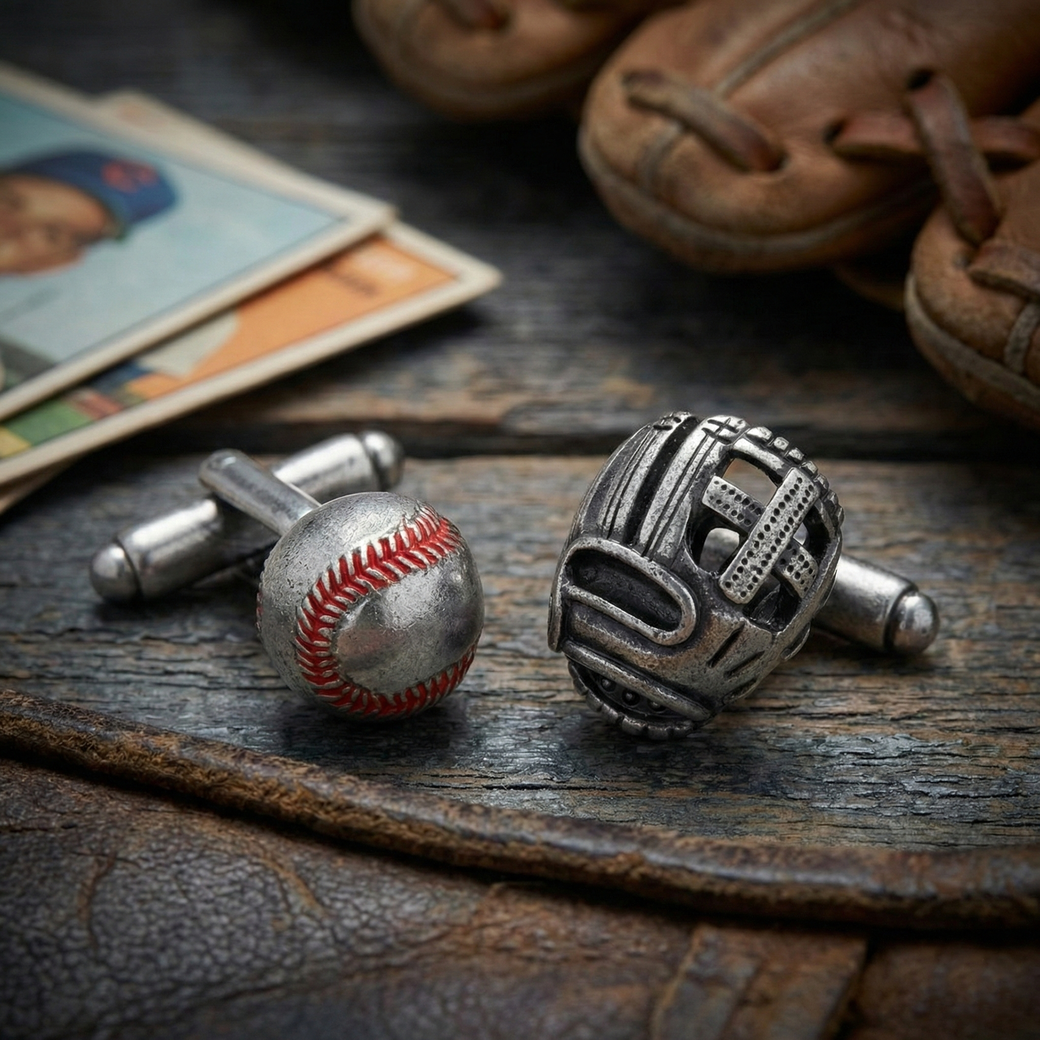 Baseball & Fielder's Glove 3D Antique Silver Cufflinks on a wooden table by a mitt and baseball cards.