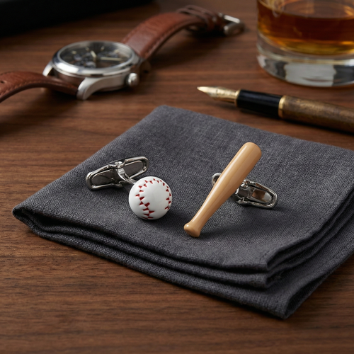 Baseball and Bat Cufflinks displayed next to a pen, watch, and glass of whiskey.