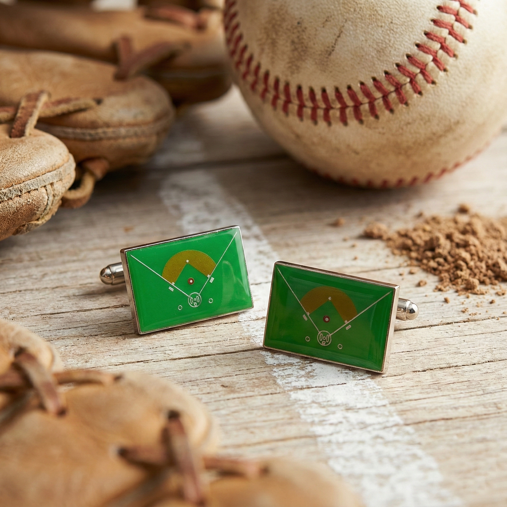 Baseball-themed cufflinks on a wooden surface with a baseball and glove in the background.