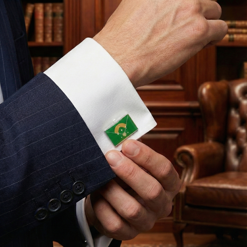 Close-up of a suit cuff with a green and white emblem, set against a background of books and a leather chair.