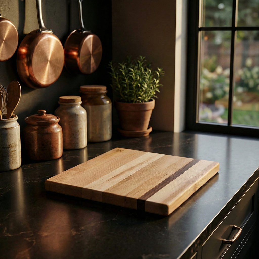 Wooden Baseball BBQ cutting board on a kitchen counter with pots, pans, and jars in the background.