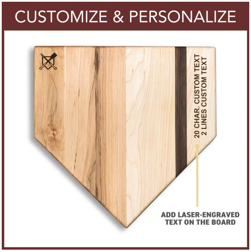 Wooden home plate-shaped personalized baseball cutting board with text engraving options on a white background.