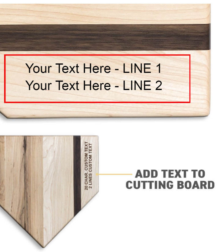 Wooden baseball home plate custom cutting board with text input area and customization instructions.