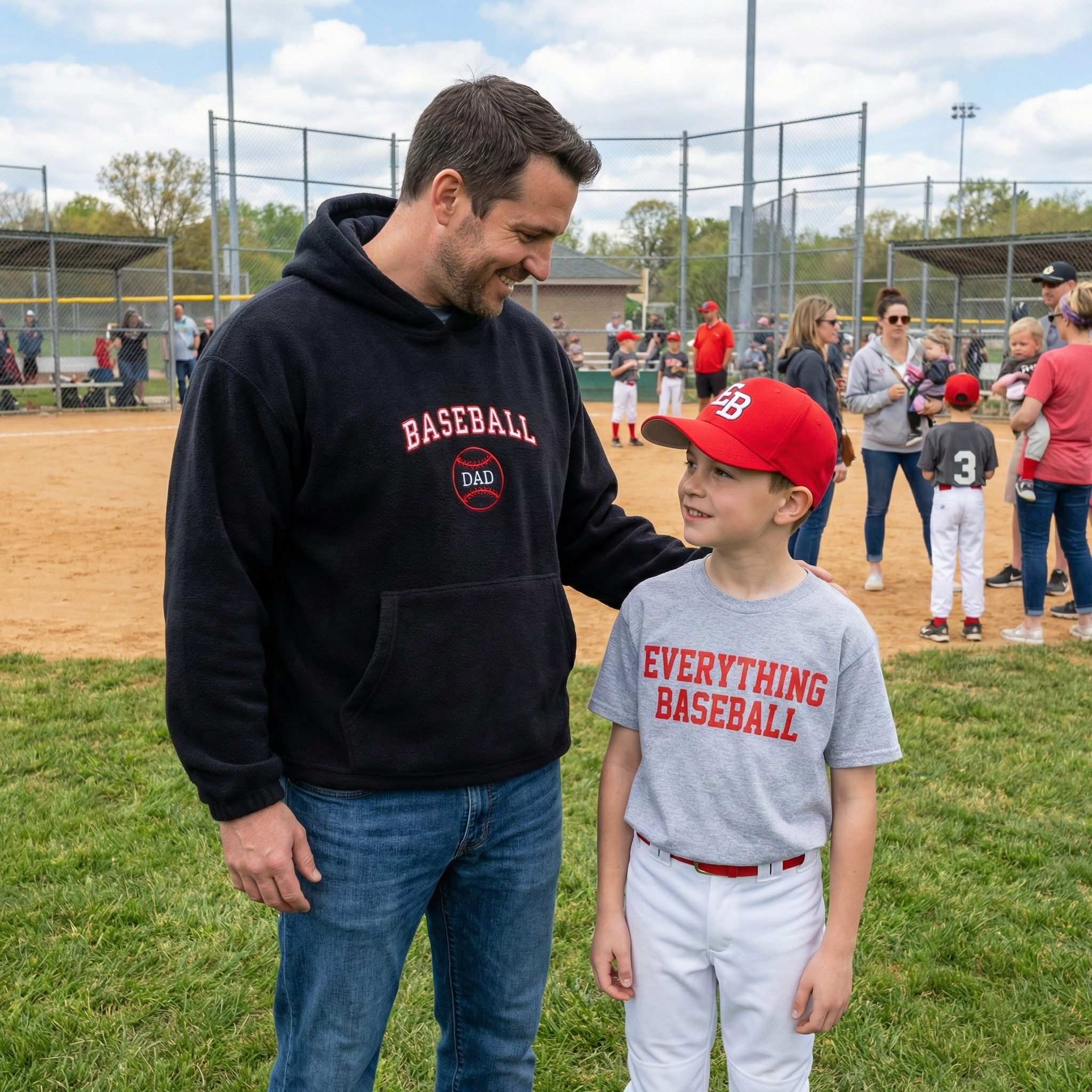 baseball dad and young boy on a baseball field wearing matching 'Baseball' themed clothing.