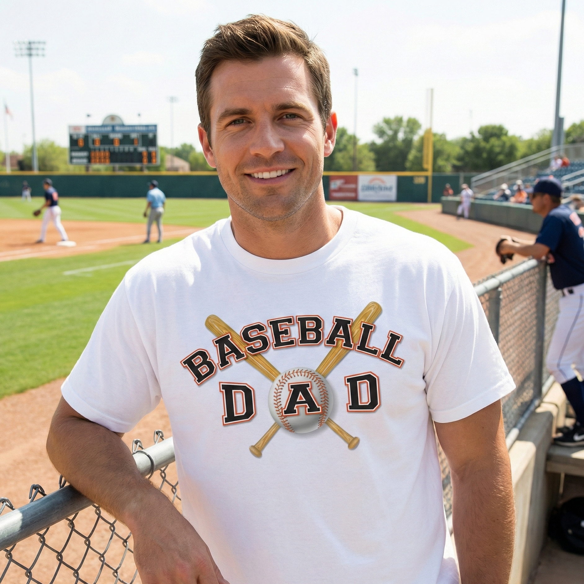 Man wearing a 'Baseball Dad' t-shirt on a baseball field