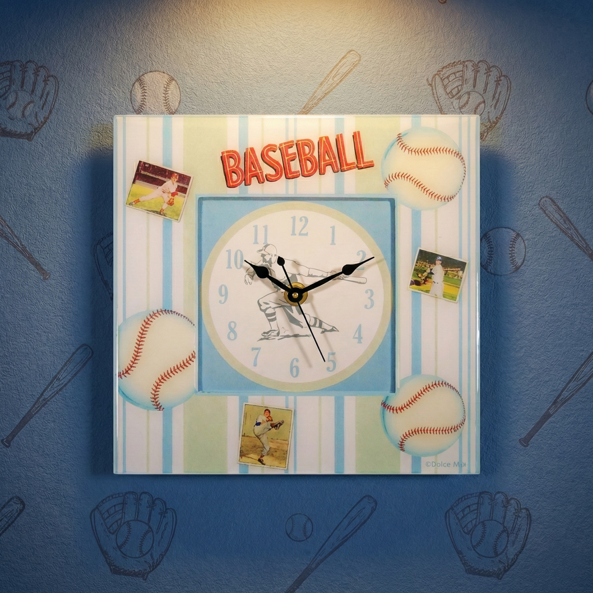 Baseball Decoupage Wall Clock on a blue background with sports equipment drawings