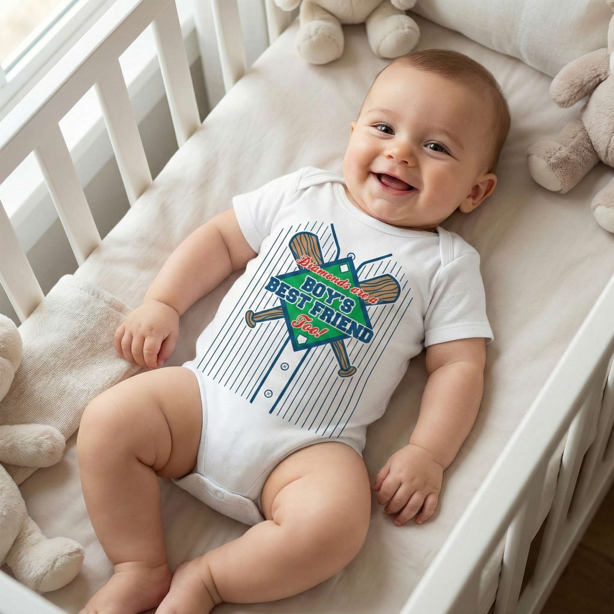 Diamonds Are a Boy's Best Friend Too Baseball Onesie on a baby in a crib