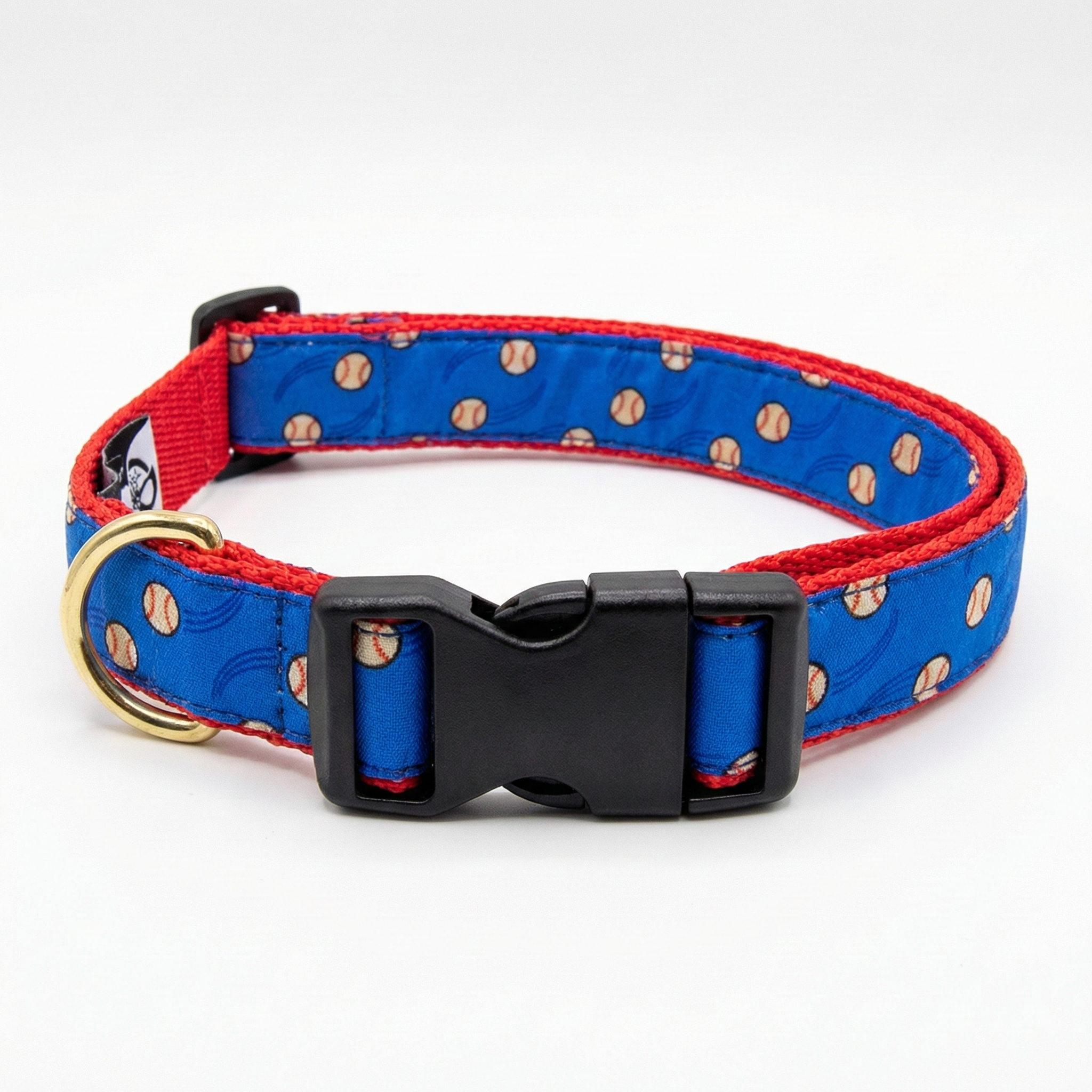 Baseball dog collar with blue and red pattern on a white background