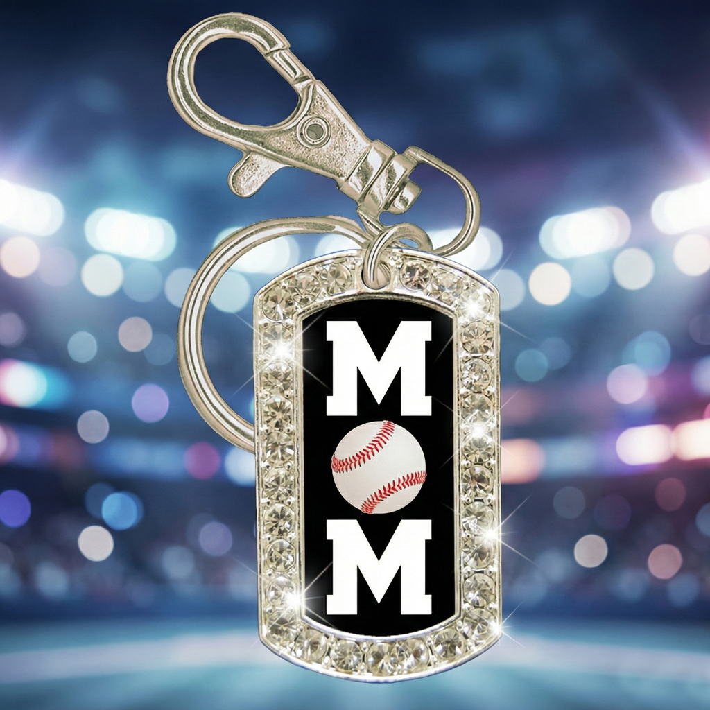 Keychain with 'MOM' and baseball design on a blurred lights background