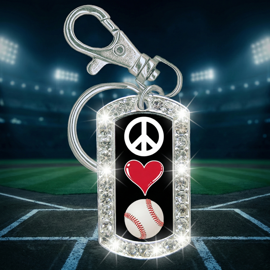 Keychain with peace symbol, heart, and baseball design on a sports field background