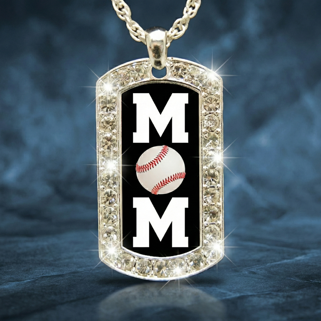 Dog tag pendant with 'MOM' and baseball design on a dark background