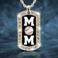 Dog tag pendant with 'MOM' and baseball design on a dark background
