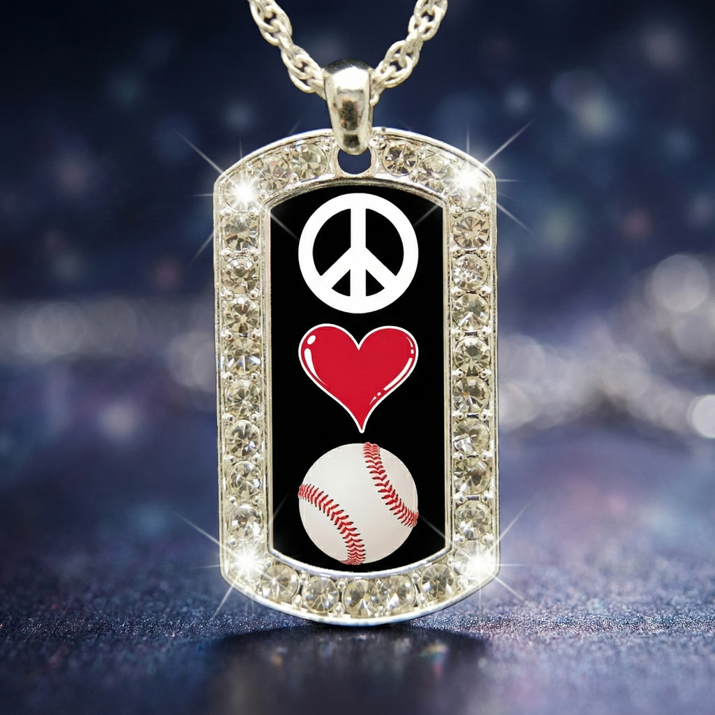Dog tag pendant with peace symbol, heart, and baseball on a dark background