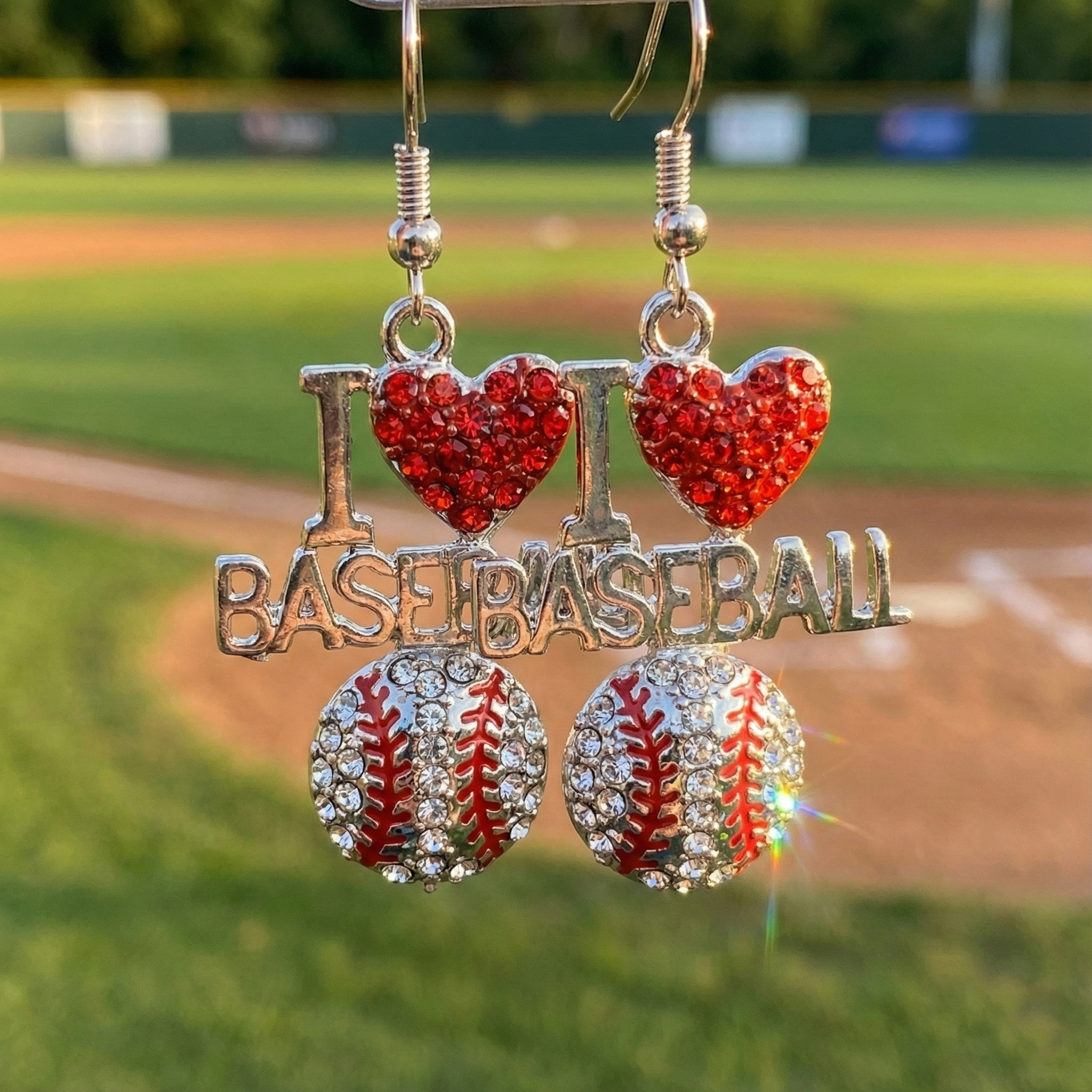 Earrings with 'I ❤️ BASEBALL' text and heart designs on a baseball field background