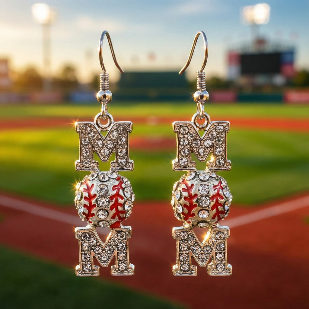 Earrings with 'MOM' letters and baseball design on a blurred sports field background