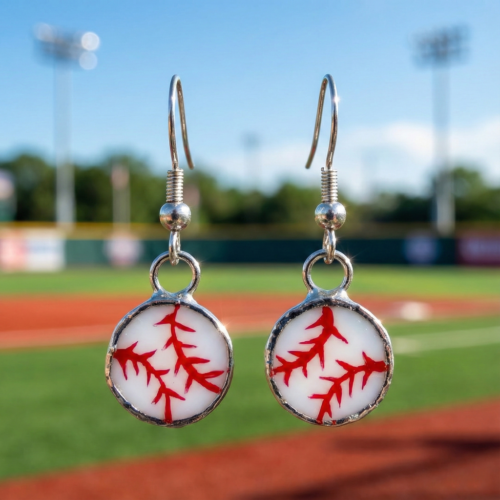 Baseball-themed stained glass earrings with red stitching on a blurred baseball field background